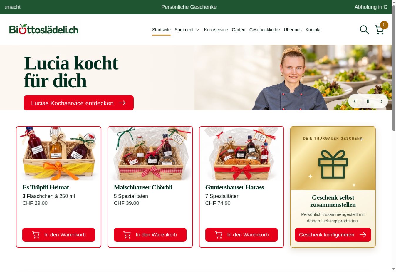 Echte Website von Biottos Lädeli mit Kochservice und Geschenkkörben